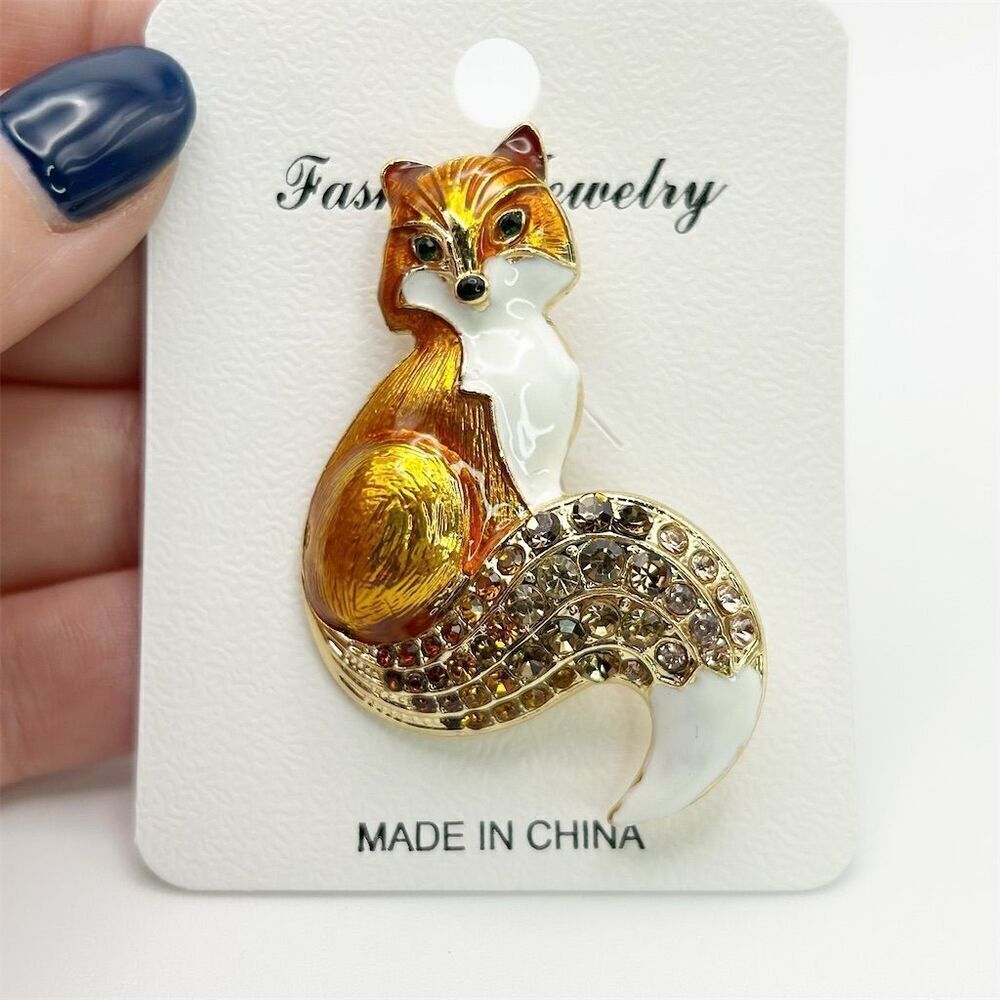 Vibrant Orange Small Enamel Fox Brooch with Rhinestone Accents Sparkle New - Picture 2 of 8